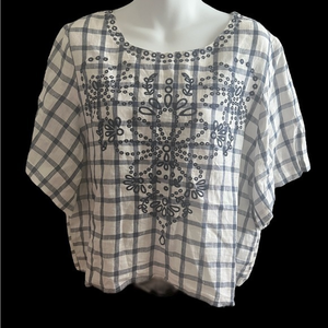 Moon River Gorgeous Embroided Blue Checker Linen‎ Blouse L